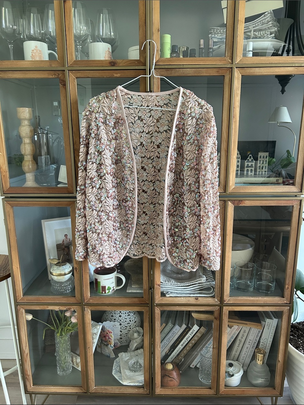 Vintage Pink Floral Beaded Sequin Open-Front Sweater Blazer
